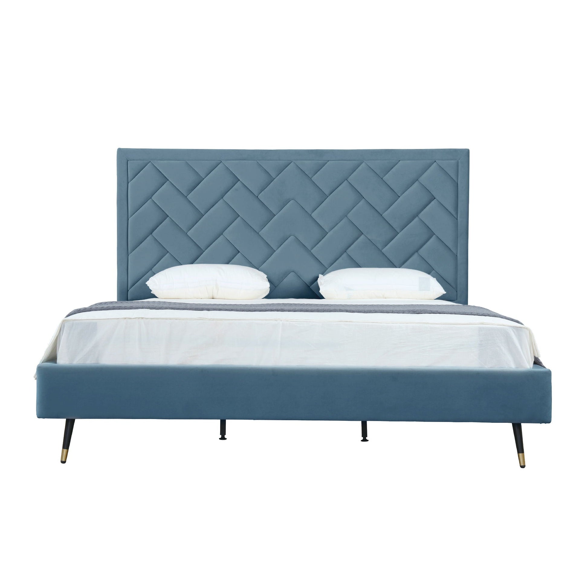 Crosby upholstered bed with blue diamond-tufted headboard and slats on Tampa Home & Garden Store
