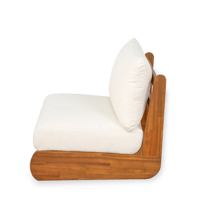 Outdoor Acacia Lazy 5 Seater Chat Set by HouseOfZazla with white cushions and wood frame on Tampa Home & Garden Store