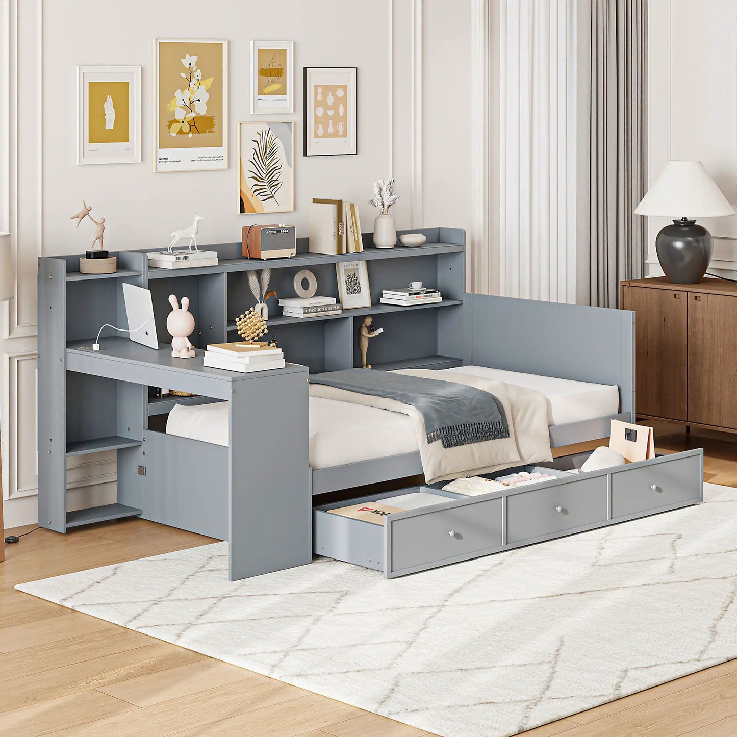Daybed with desk and 3 drawers in blue-gray featuring USB ports by Unique Piece Furniture on Tampa Home & Garden Store