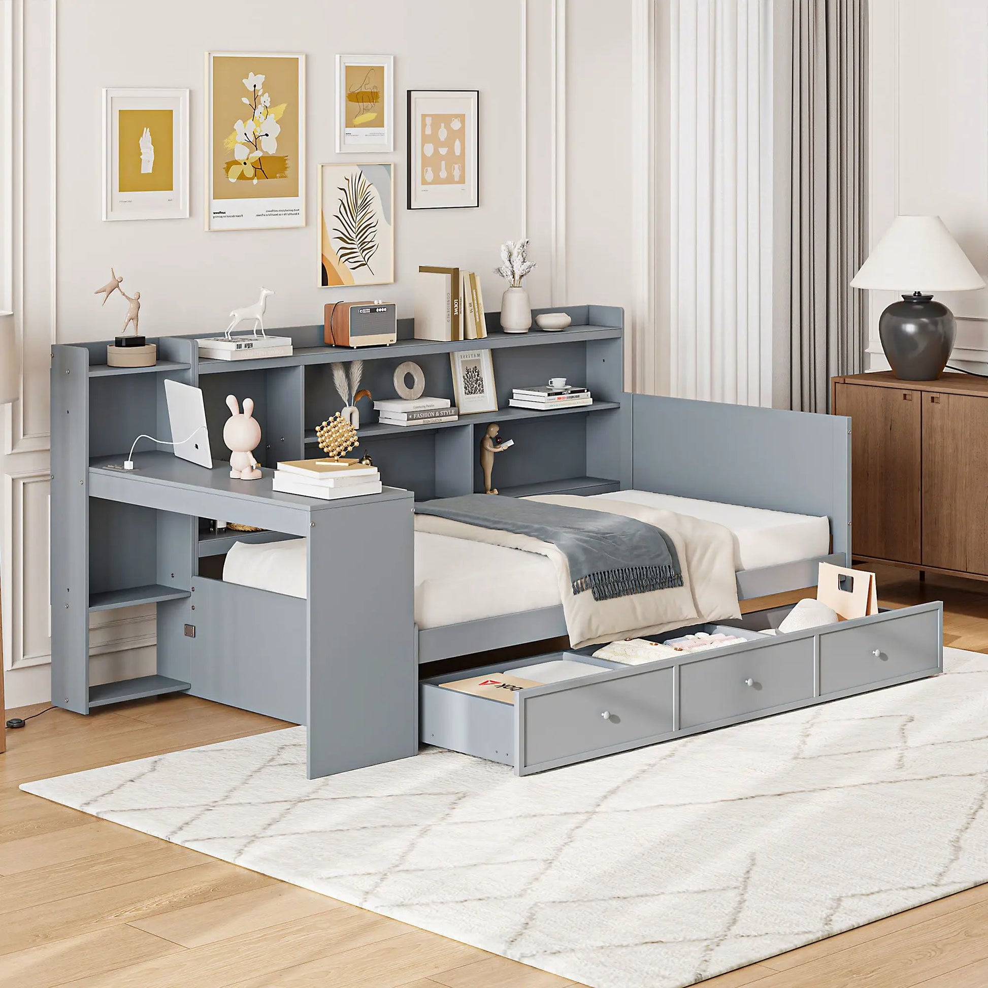 Daybed with desk and 3 drawers in blue-gray featuring USB ports by Unique Piece Furniture on Tampa Home & Garden Store