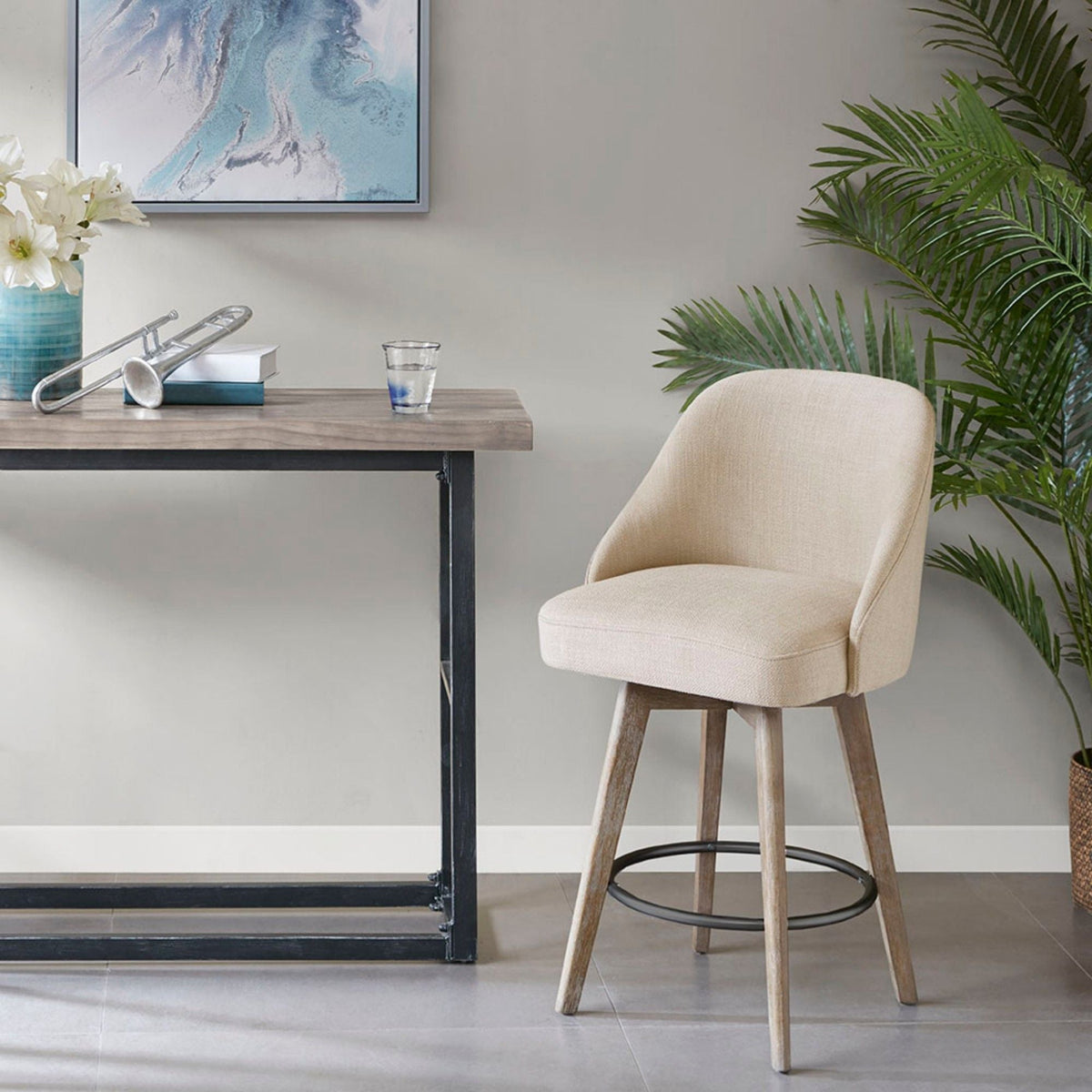 Beige fabric counter stool with solid wood legs for 24–27 in counter height on Tampa Home & Garden Store