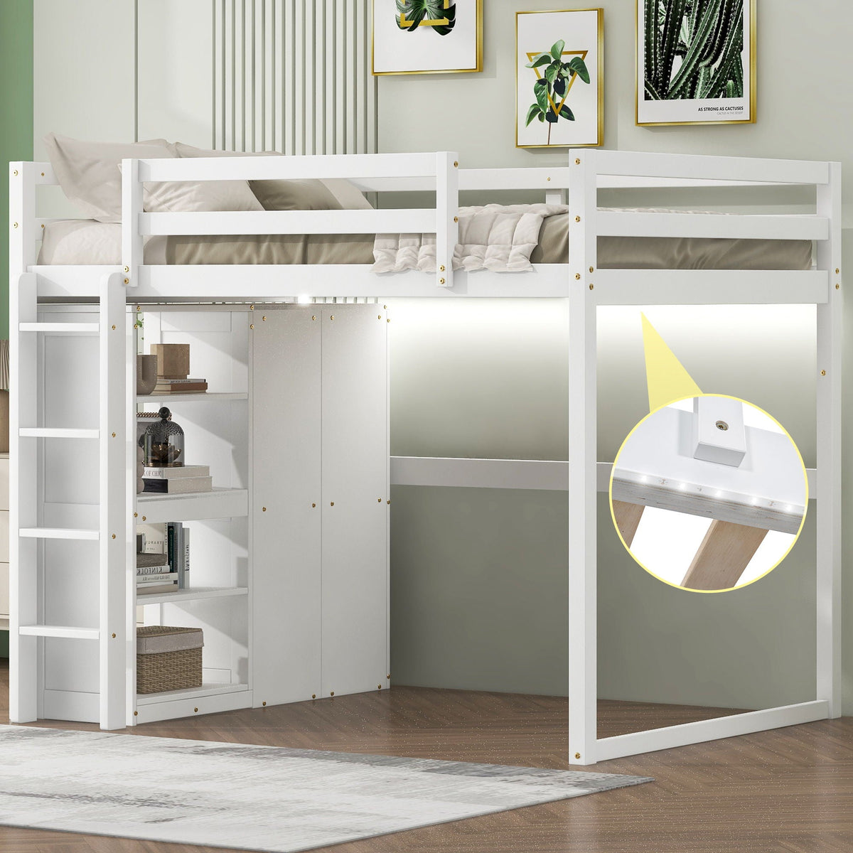 Loft bed with built-in wardrobe, storage shelves and LED light in white by HouseOfZazla on Tampa Home & Garden Store