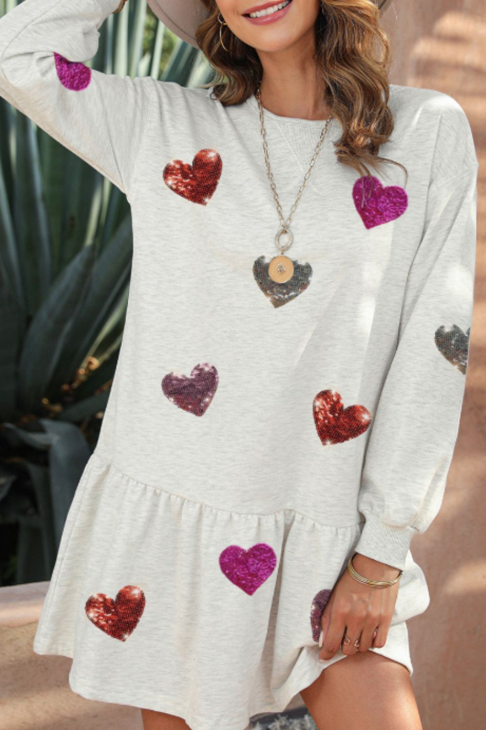 Stevvex light-grey round-neck long-sleeve mini dress with colorful sequined hearts, ruffled hem on Tampa Home & Garden Store
