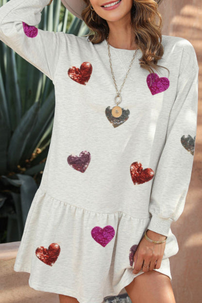Stevvex light-grey round-neck long-sleeve mini dress with colorful sequined hearts, ruffled hem on Tampa Home & Garden Store
