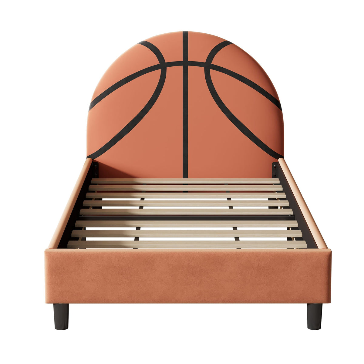 Basketball design upholstered twin platform bed with orange headboard and slatted base on Tampa Home & Garden Store