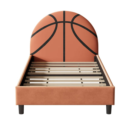 Basketball design upholstered twin platform bed with orange headboard and slatted base on Tampa Home & Garden Store