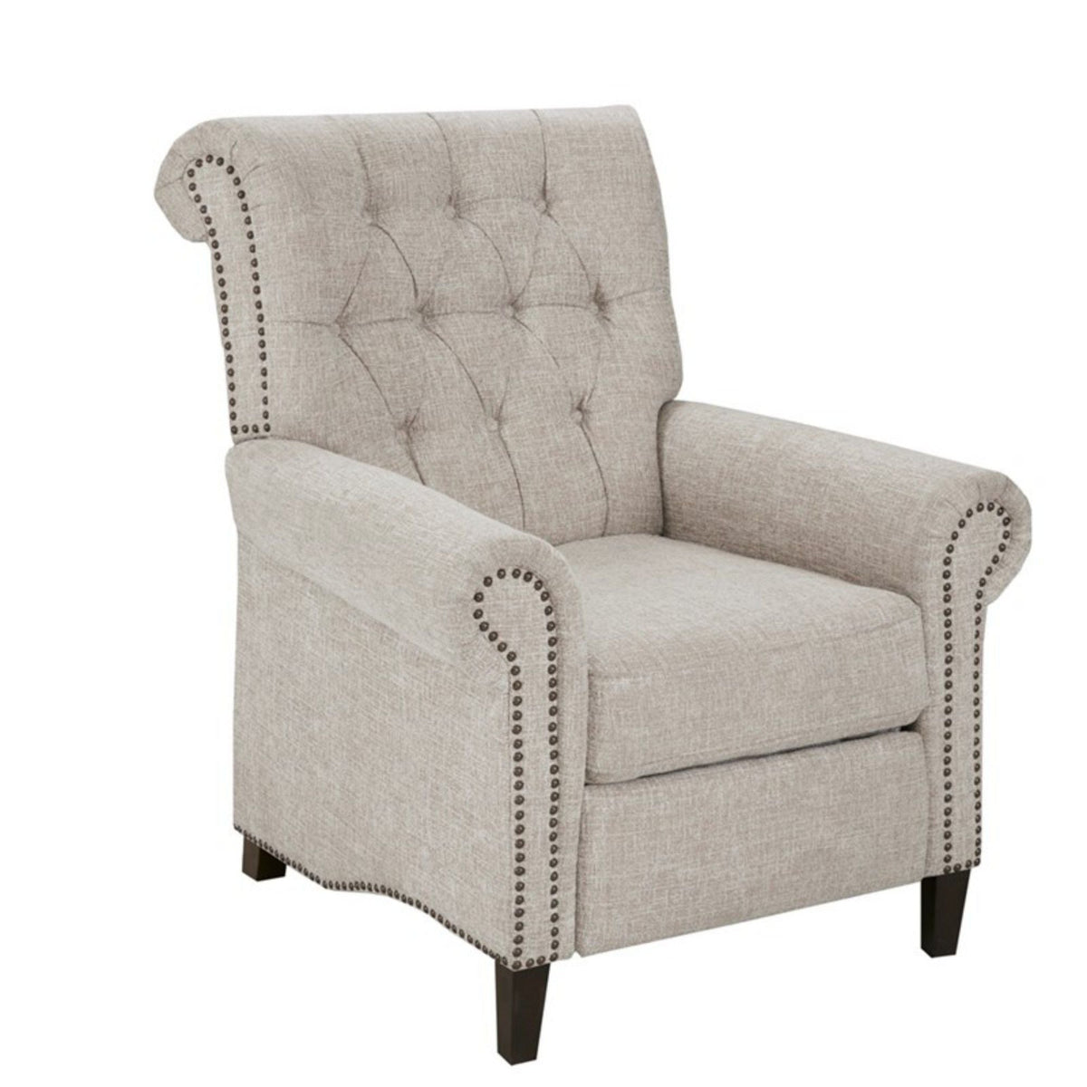 Aidan push back recliner chair cream with tufted back and nailhead trim wooden legs on Tampa Home & Garden Store