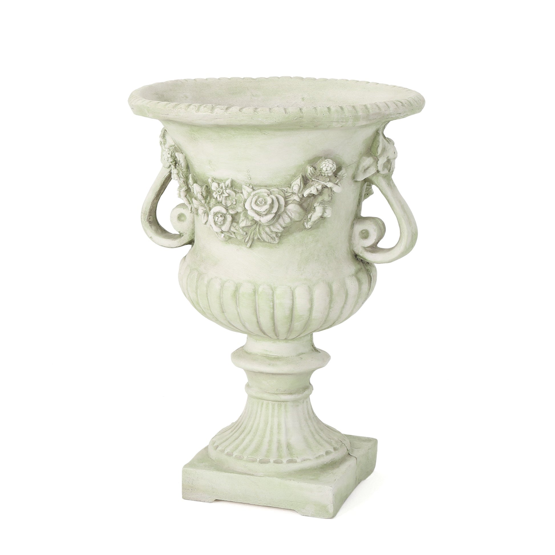 MGO Garden Urn Planter pale green stone-style with floral relief by HouseOfZazla on Tampa Home & Garden Store