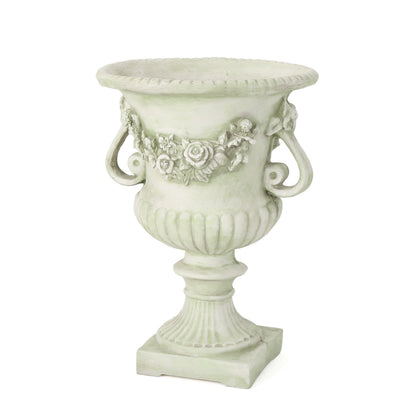 MGO Garden Urn Planter pale green stone-style with floral relief by HouseOfZazla on Tampa Home & Garden Store