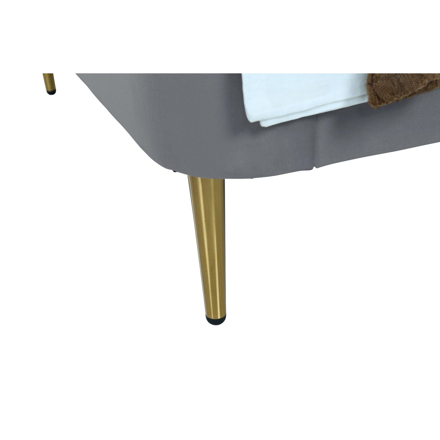 Mid-Century Modern Upholstered Bed with curved headboard, gray fabric, gold tapered leg on Tampa Home & Garden Store