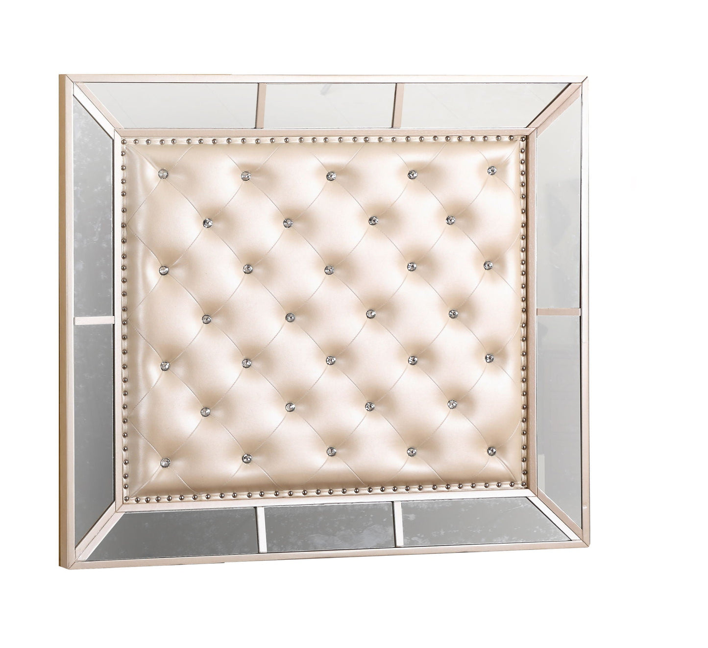Panel bed by HouseOfZazla with mirrored frame and tufted beige headboard with crystals on Tampa Home & Garden Store