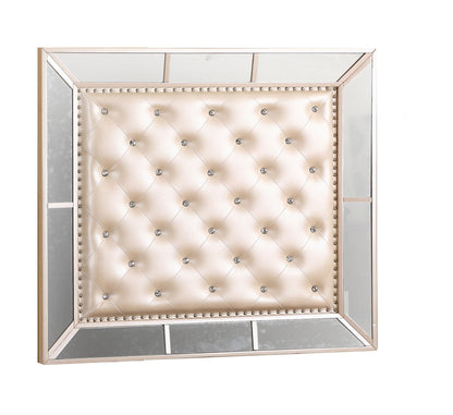 Panel bed by HouseOfZazla with mirrored frame and tufted beige headboard with crystals on Tampa Home & Garden Store