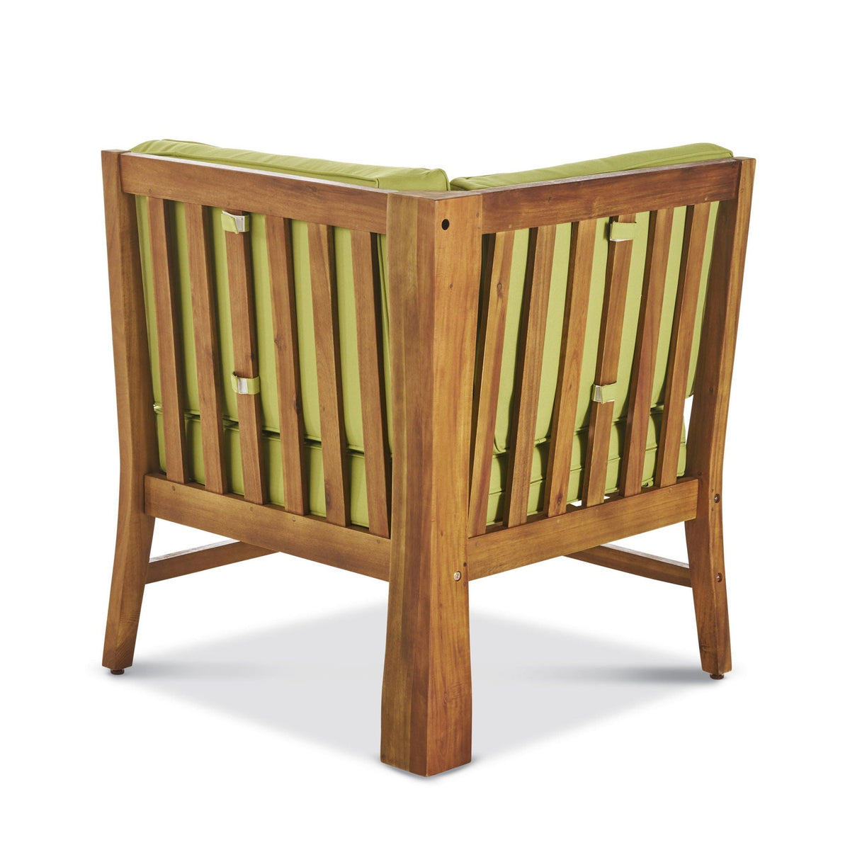 Perla Corner Chair with water-resistant green cushions in a warm wooden frame on Tampa Home & Garden Store