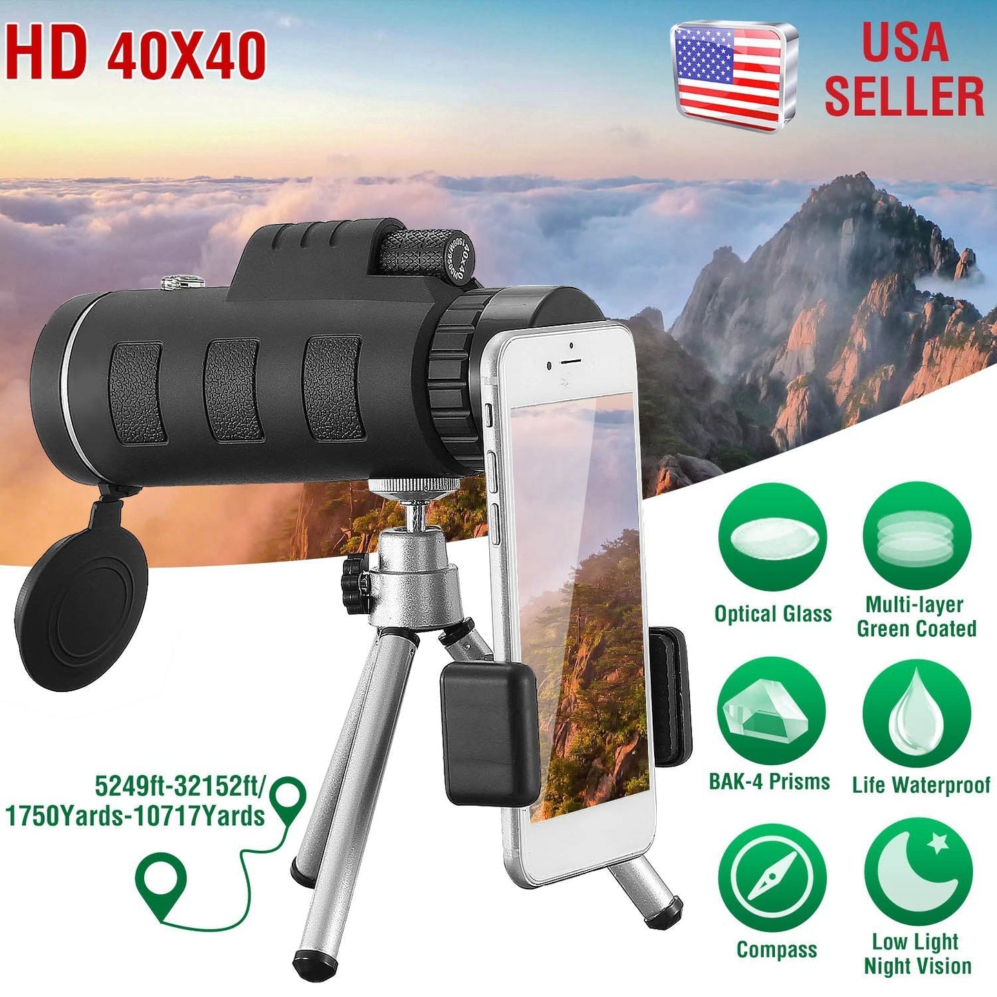 GemGear 40x40 monocular telescope with phone holder on tripod, FMC lens, low-light vision on Tampa Home & Garden Store