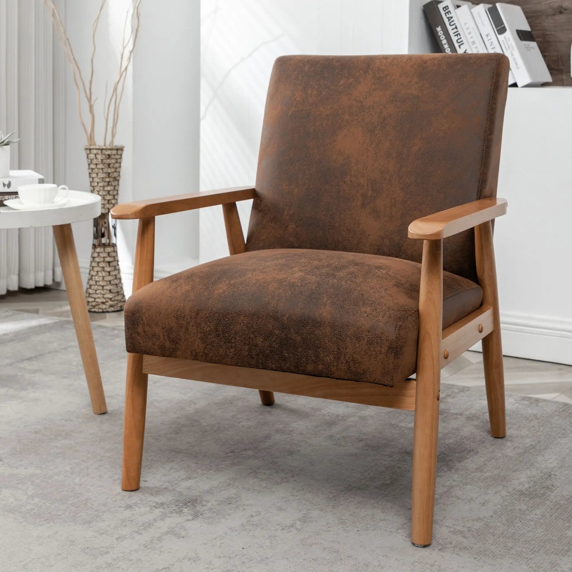 Wide Arm Chair Light Brown with distressed brown upholstery and solid wood arms and legs on Tampa Home & Garden Store