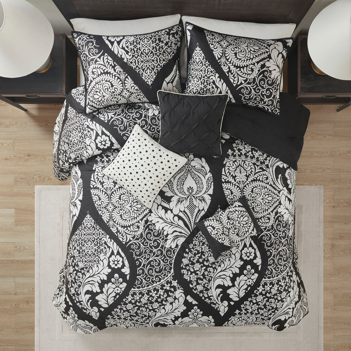 7 Piece Cotton Printed Comforter Set by HouseOfZazla in black and white damask pattern on a bed on Tampa Home & Garden Store