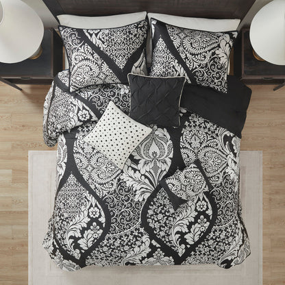 7 Piece Cotton Printed Comforter Set by HouseOfZazla in black and white damask pattern on a bed on Tampa Home & Garden Store