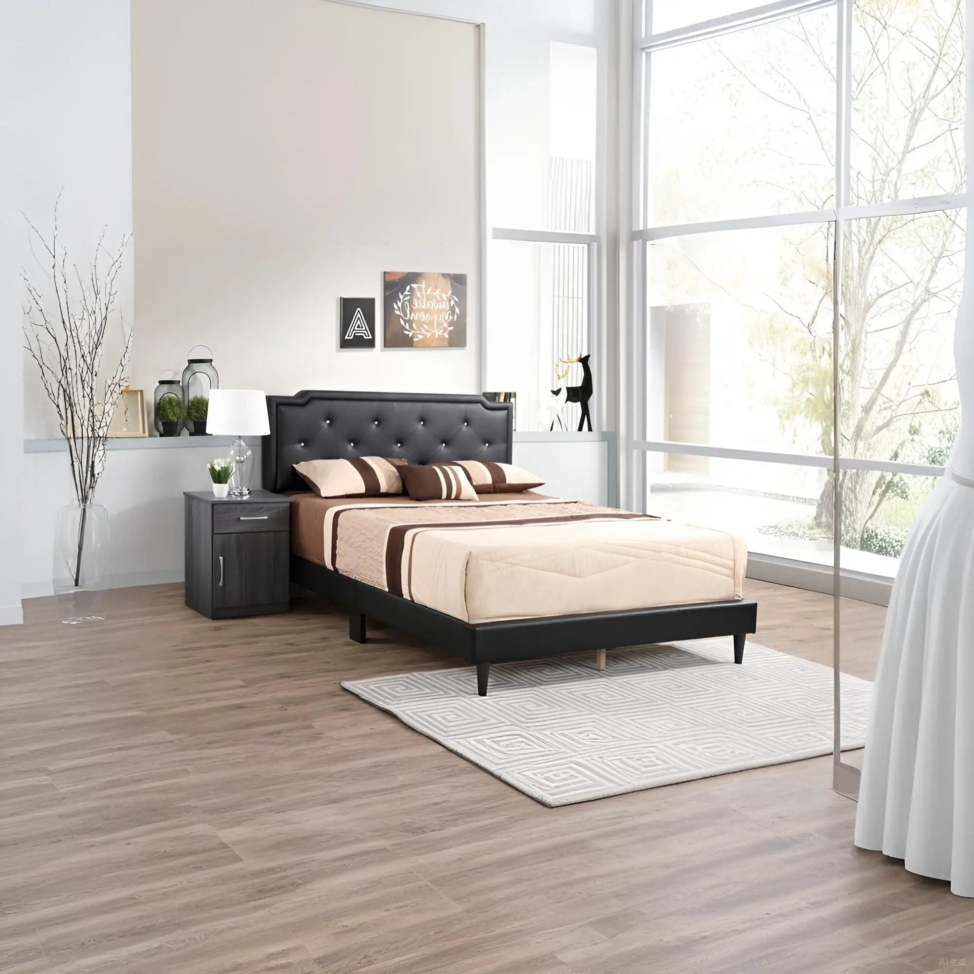 Button Tufted Bed black upholstered headboard with beige bedding by Unique Piece Furniture on Tampa Home & Garden Store