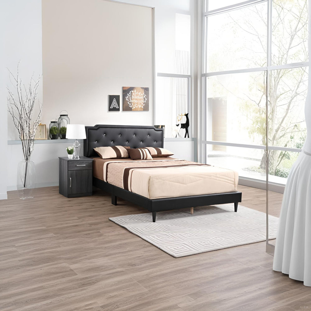 Button tufted upholstered bed by HouseOfZazla with black frame and beige bedding on Tampa Home & Garden Store