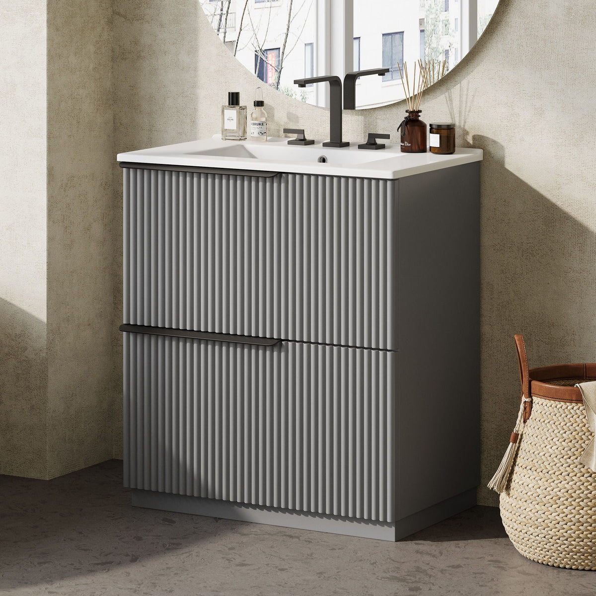 Fluted bathroom vanity with white ceramic sink, cabinet, and black faucet by HouseOfZazla on Tampa Home & Garden Store