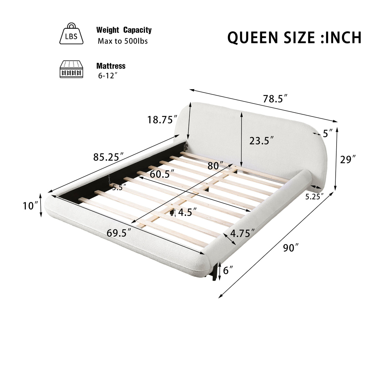 Queen size upholstered bed frame in boucle fabric with steel legs by HouseOfZazla, slatted wood support on Tampa Home & Garden Store
