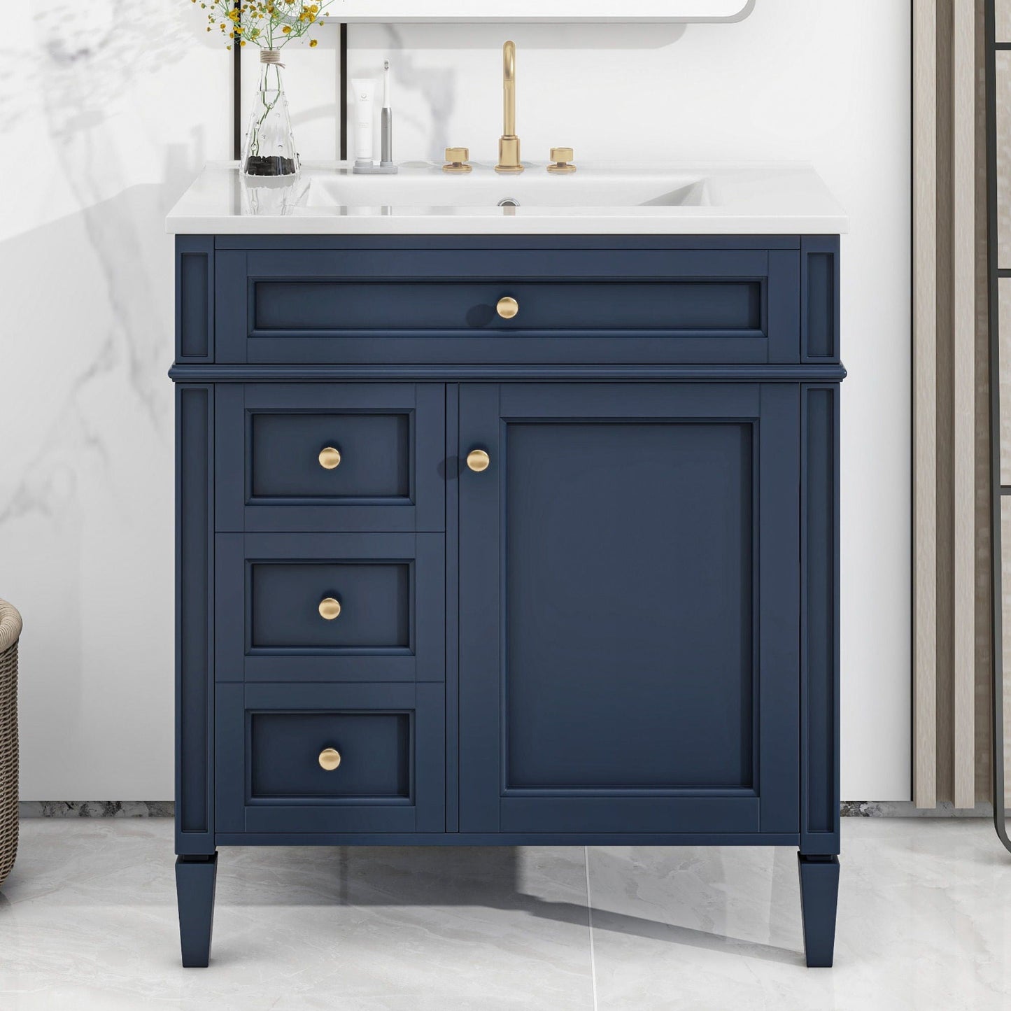 Vanity with top sink in navy blue, gold hardware, tip-out drawer HouseOfZazla on Tampa Home & Garden Store