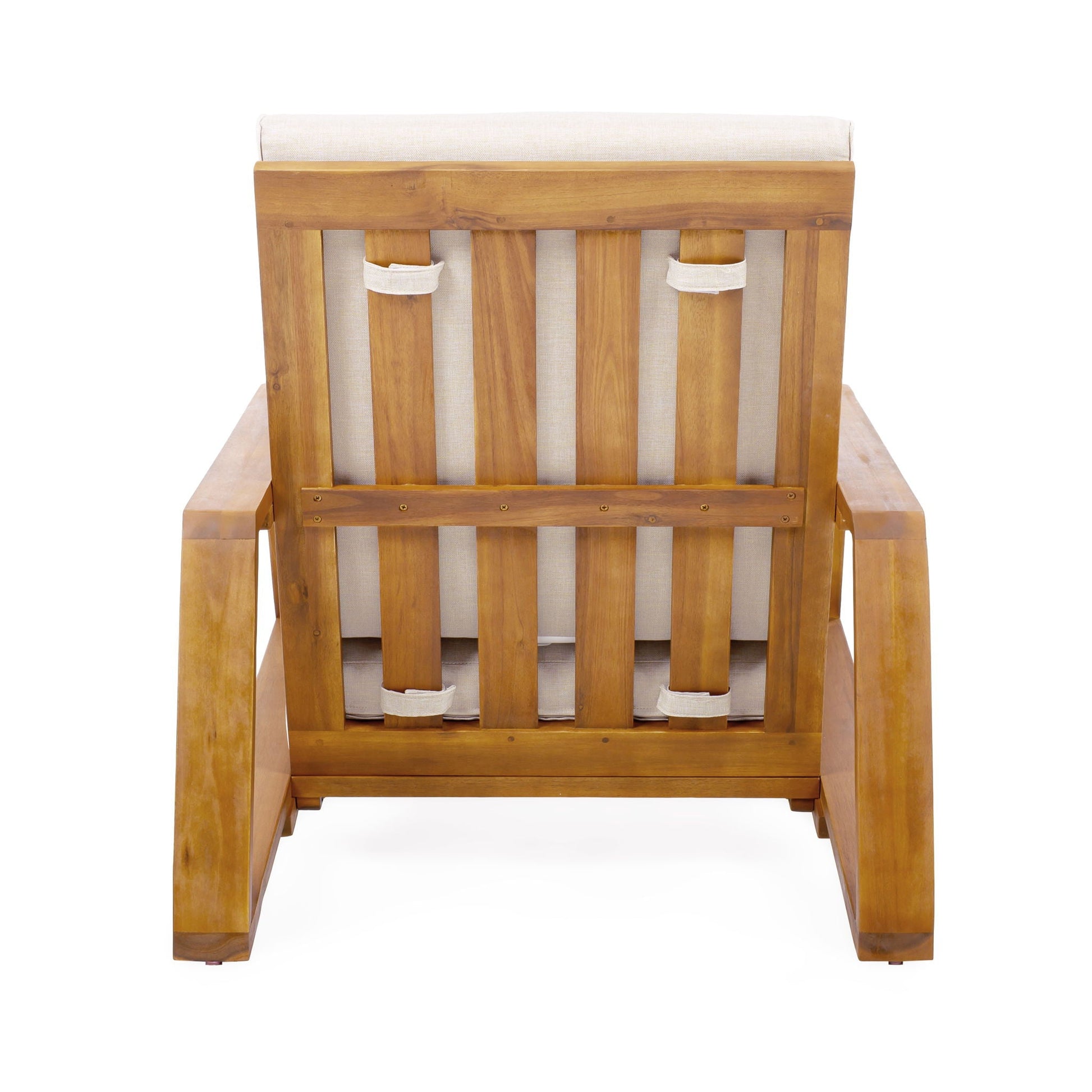 Outdoor patio lounge chair set of 2 with wooden frame and beige cushions on Tampa Home & Garden Store