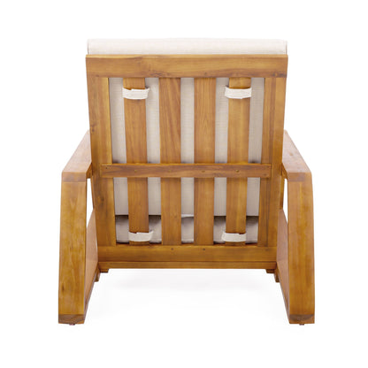 Outdoor patio lounge chair set of 2 with wooden frame and beige cushions on Tampa Home & Garden Store