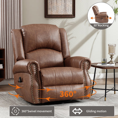 Heat Massage Manual Recliner Chair with Rocker and Swivel brown leather HouseOfZazla 360° on Tampa Home & Garden Store
