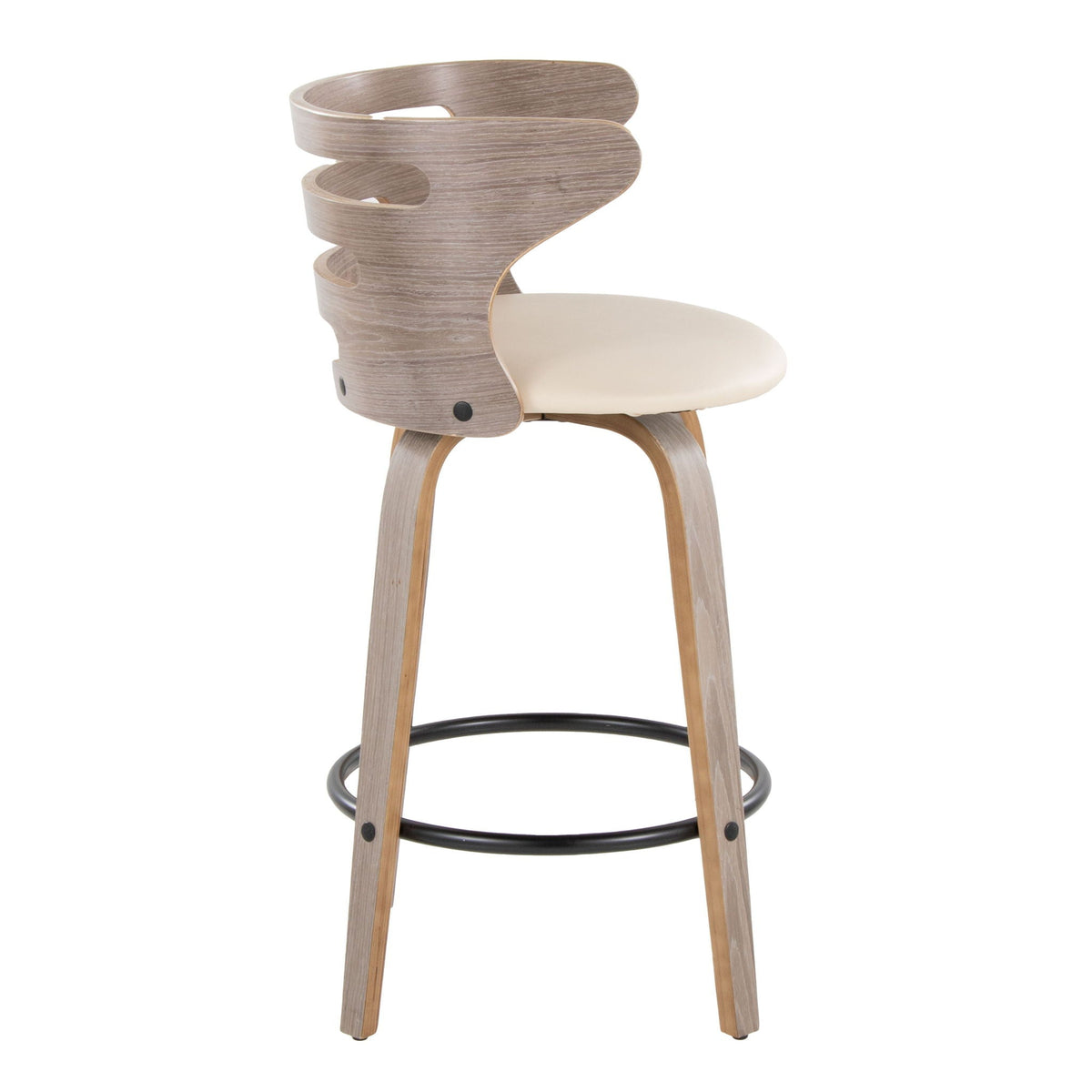 Mid-century modern barstool with fixed height and swivel, beige upholstered seat, wood backrest on Tampa Home & Garden Store