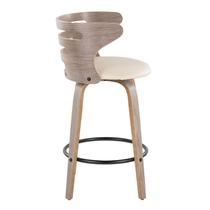 Mid-century modern barstool with fixed height and swivel, beige upholstered seat, wood backrest on Tampa Home & Garden Store