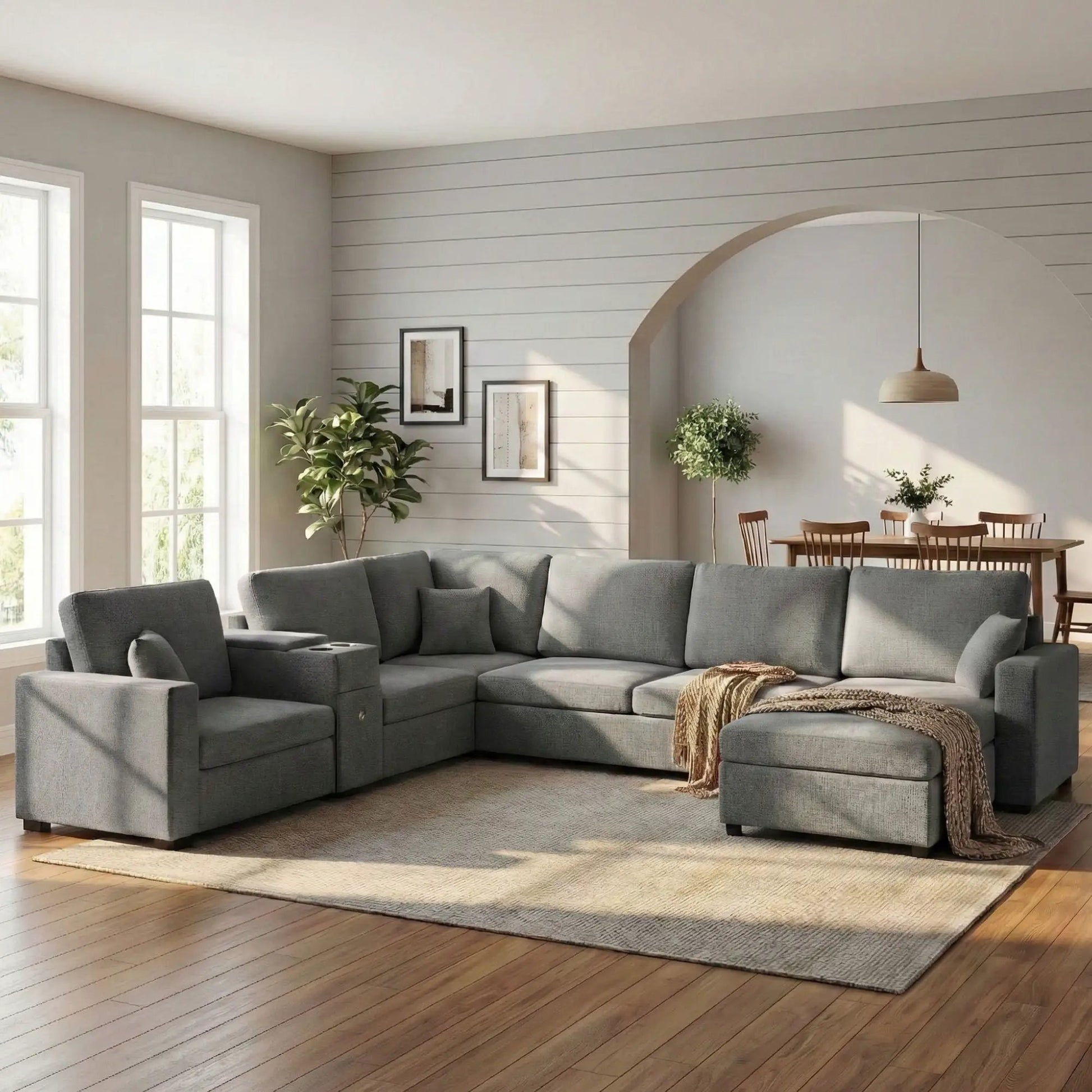 Modular 5-seat U-shape sectional sofa with chaise in gray upholstery in a bright living room on Tampa Home & Garden Store