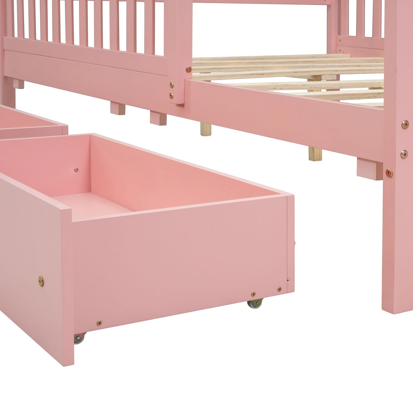 Pink platform bed with guardrails on both sides and two under-bed storage drawers on Tampa Home & Garden Store