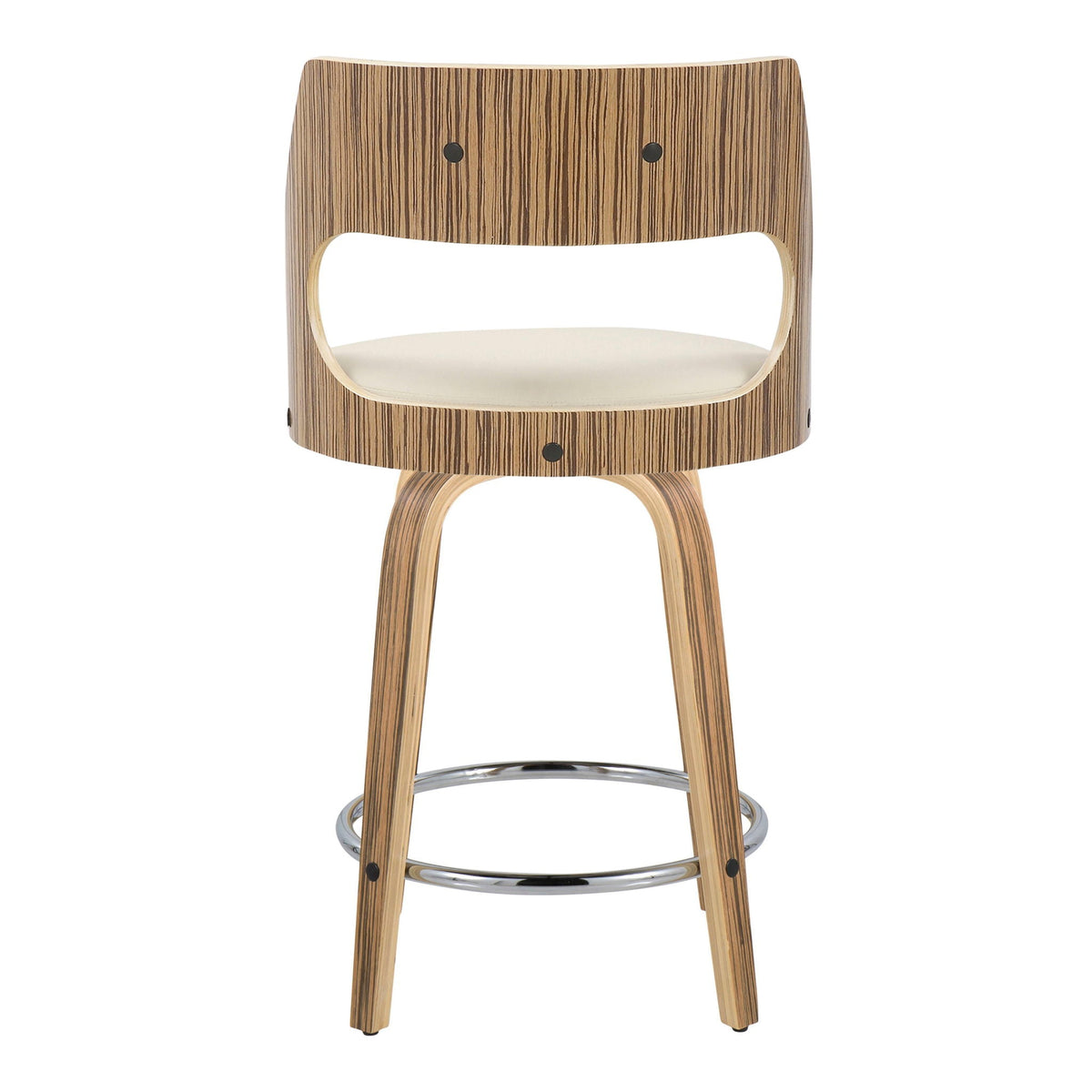Cecina mid-century counter stool by HouseOfZazla with zebrawood veneer, cream seat, swivel on Tampa Home & Garden Store
