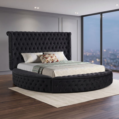 Hazel storage bed by HouseOfZazla, black tufted round platform with tall nailhead-trim headboard on Tampa Home & Garden Store