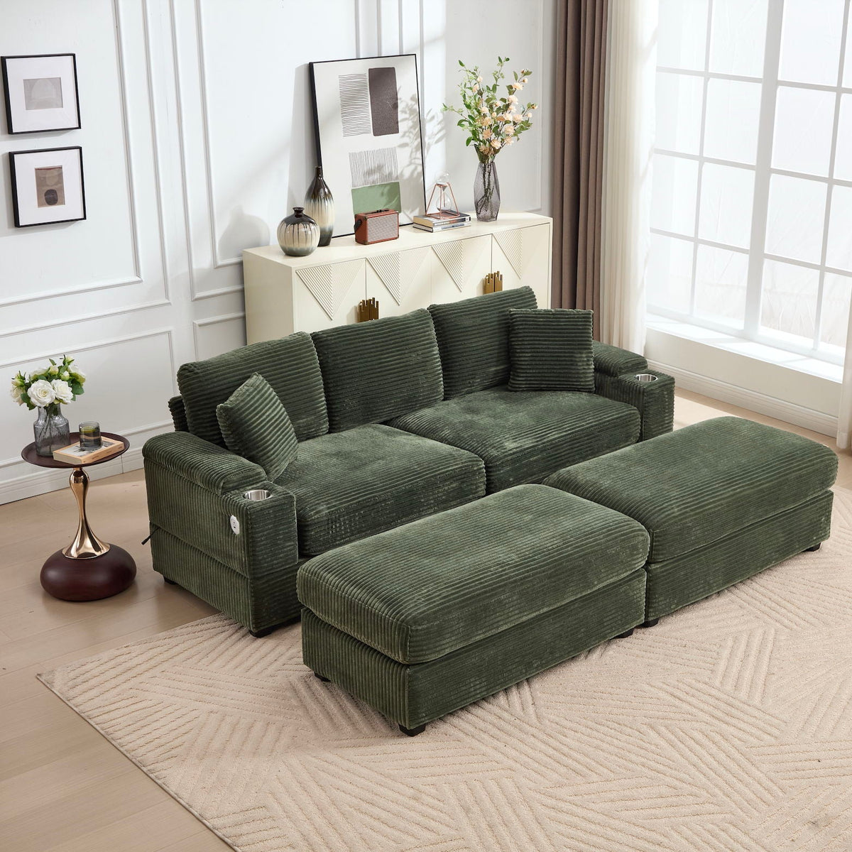 Convertible sectional sofa bed set in green corduroy with armrest storage and cup holders on Tampa Home & Garden Store