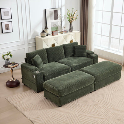 Convertible sectional sofa bed set in green corduroy with armrest storage and cup holders on Tampa Home & Garden Store