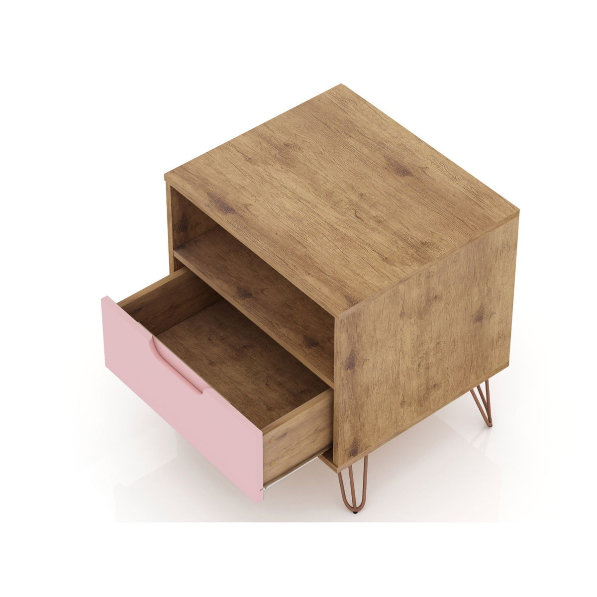 Rockefeller nightstand with 1 pink-front drawer, open shelf, wood veneer top, splayed legs on Tampa Home & Garden Store