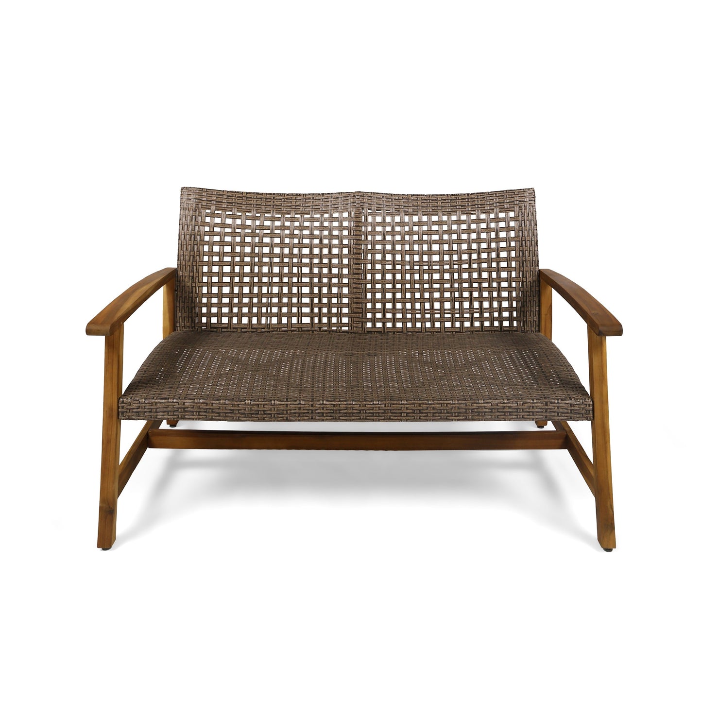 Hampton Outdoor Acacia Wood Wicker Loveseat by HouseOfZazla, brown woven wicker with wooden arms on Tampa Home & Garden Store