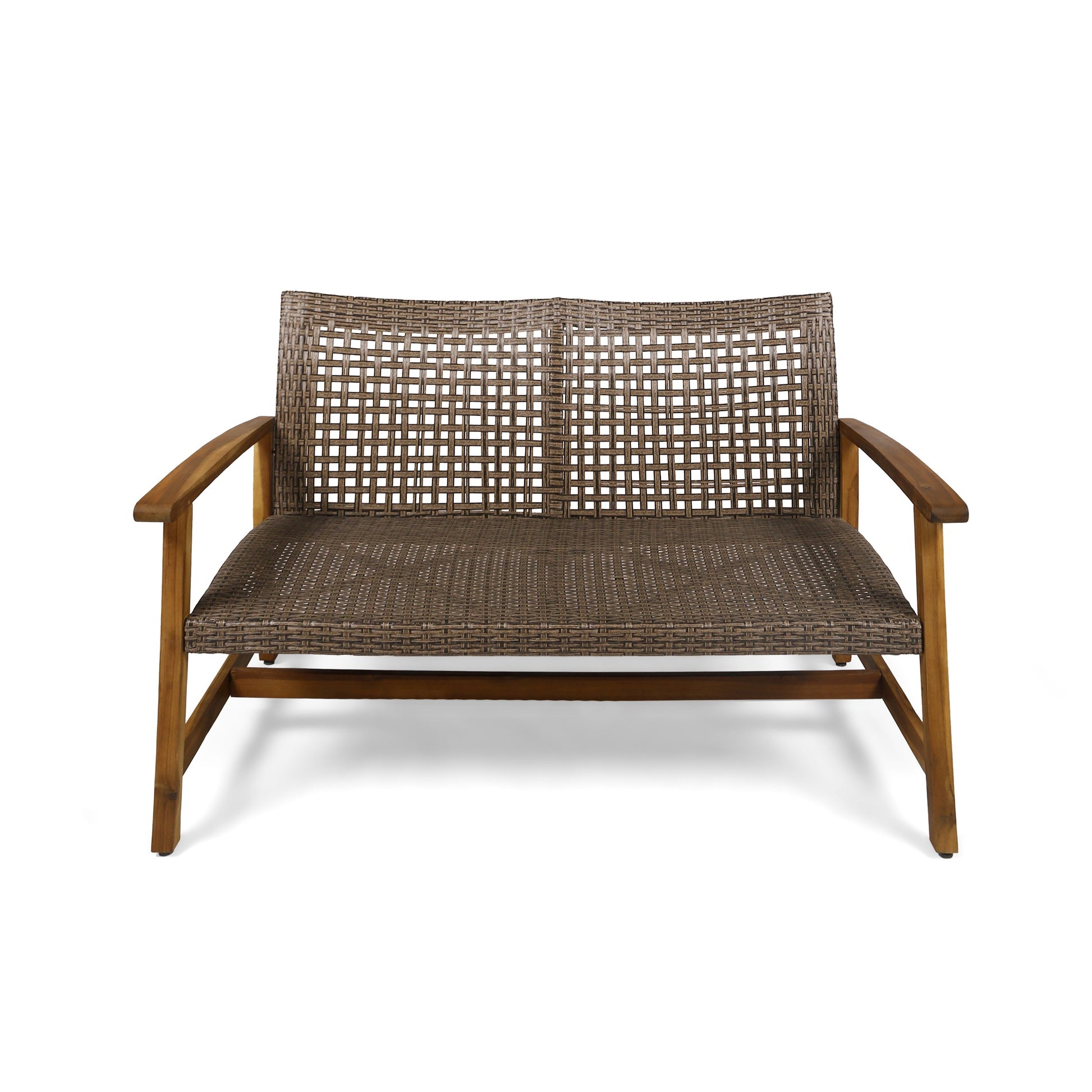 Hampton Outdoor Acacia Wood Wicker Loveseat by HouseOfZazla, brown woven wicker with wooden arms on Tampa Home & Garden Store