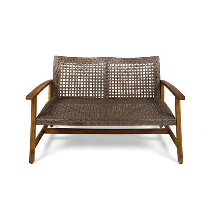 Hampton Outdoor Acacia Wood Wicker Loveseat by HouseOfZazla, brown woven wicker with wooden arms on Tampa Home & Garden Store