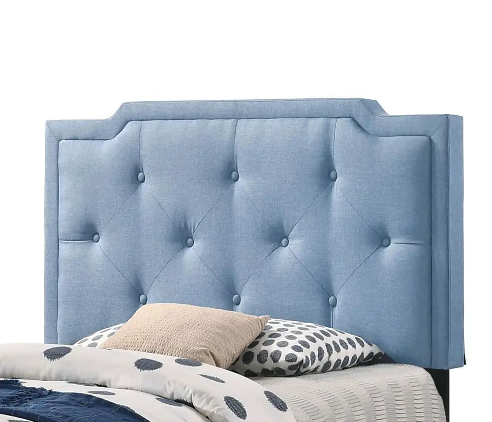 Button tufted blue upholstered bed headboard with diamond tufting on Tampa Home & Garden Store