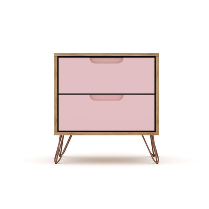 Two-drawer accent nightstand with natural wood frame, pink fronts and splayed legs on Tampa Home & Garden Store