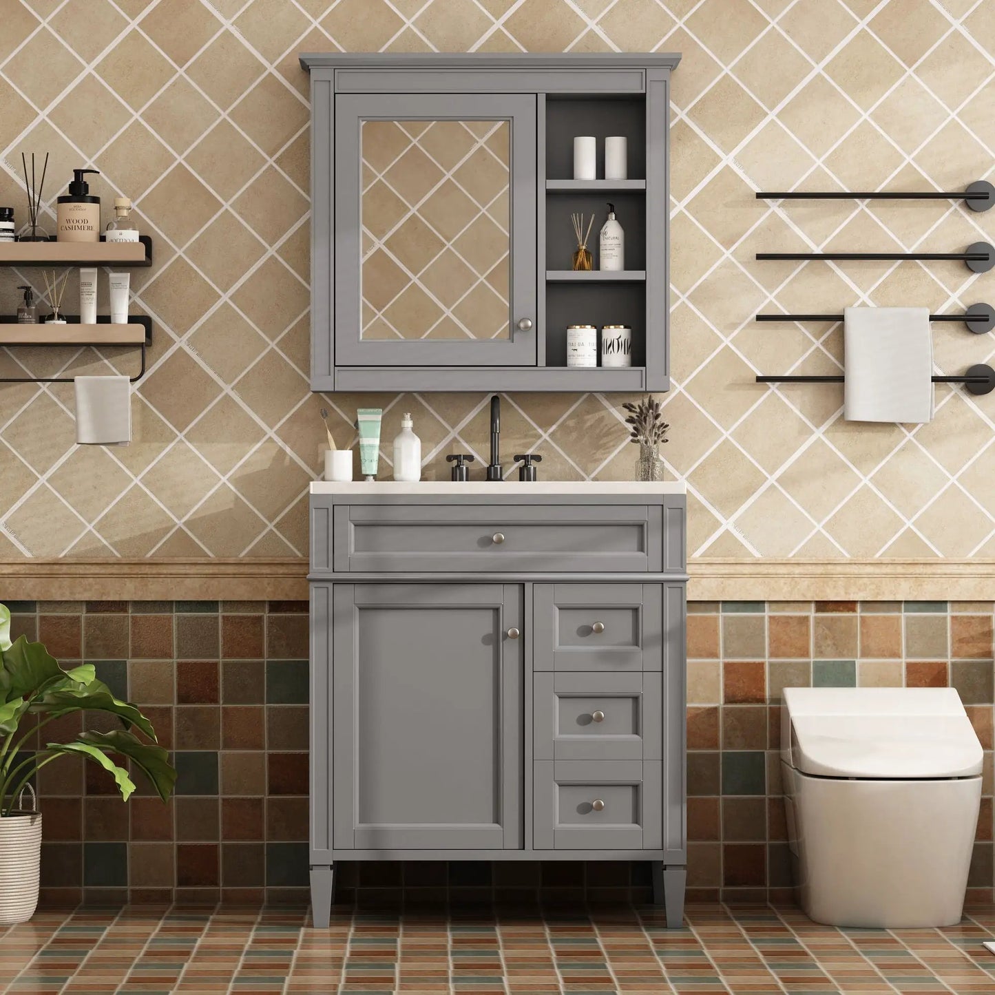 Gray Vanity With Top Sink and Mirror Cabinet