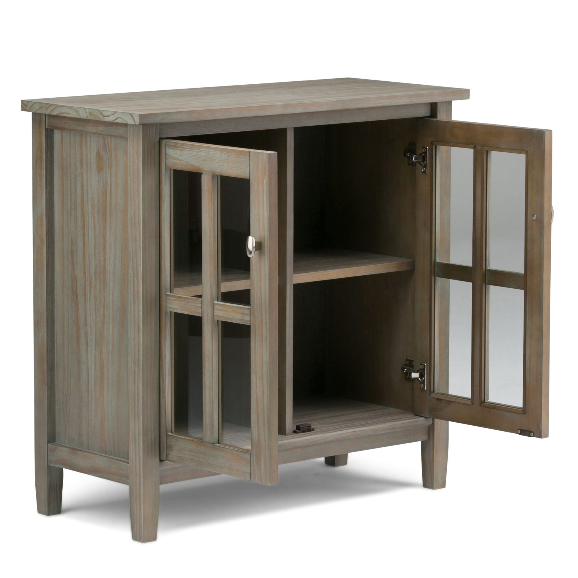 Warm Shaker handcrafted low storage cabinet by HouseOfZazla in gray wood with glass-front doors on Tampa Home & Garden Store