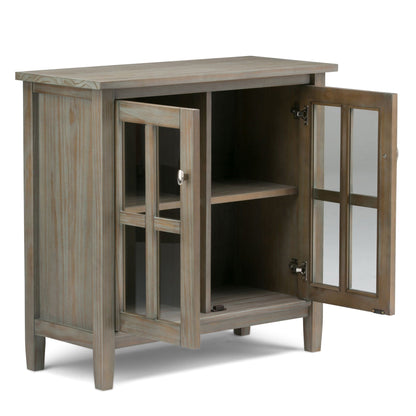 Warm Shaker handcrafted low storage cabinet by HouseOfZazla in gray wood with glass-front doors on Tampa Home & Garden Store