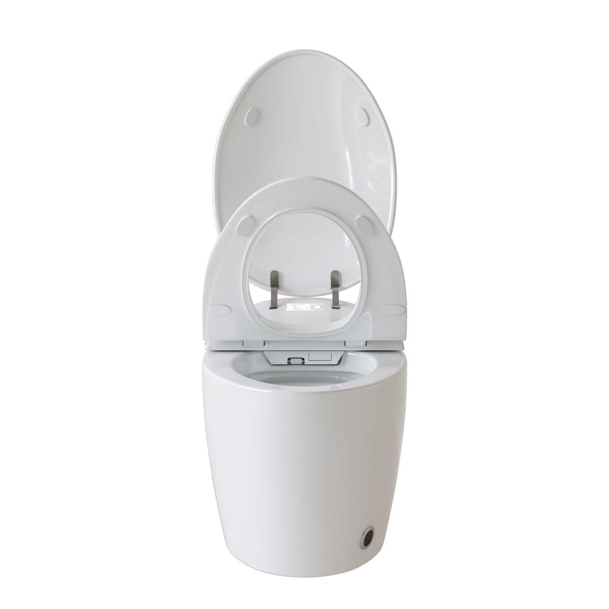 White ceramic toilet with lid raised and exposed metal hinges, modern bathroom fixture on Tampa Home & Garden Store