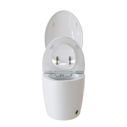 White ceramic toilet with lid raised and exposed metal hinges, modern bathroom fixture on Tampa Home & Garden Store
