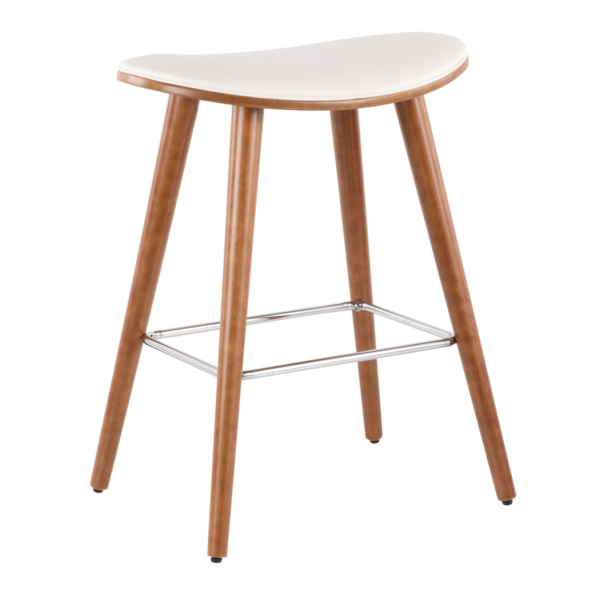 Contemporary upholstered counter stool with wood legs, beige fabric seat, chrome footrest on Tampa Home & Garden Store