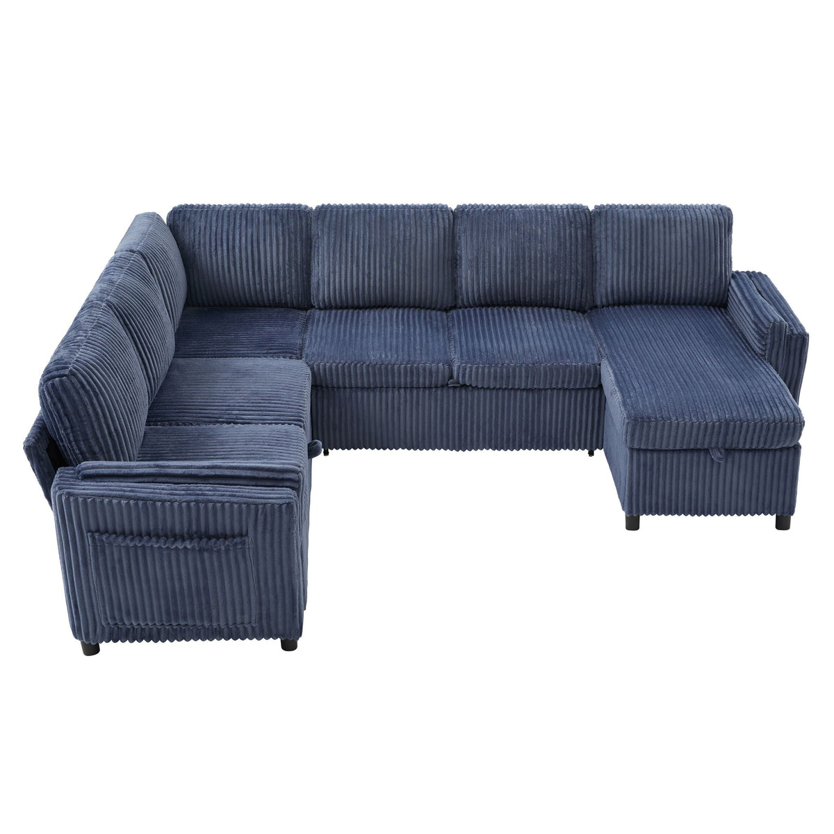 Convertible U-Shaped Sectional Sofa Bed by HouseOfZazla in blue corduroy with USB ports on Tampa Home & Garden Store